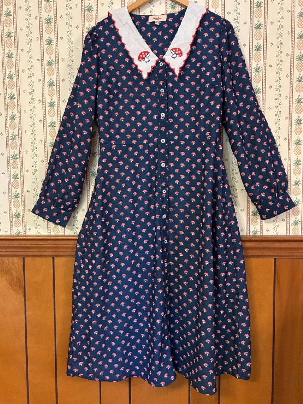 Mushroom Print Midi Dress Women Embroidered Statement Collar Teacher Office
Y - Picture 3 of 16